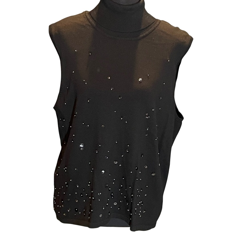 Nina Leonard Silk Blend Sequin Sleeveless Turtleneck Sweater L Glam Cocktail